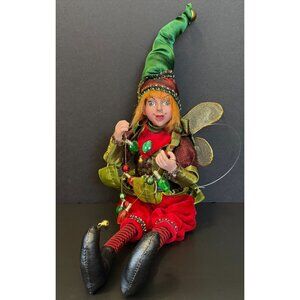 Whimsical Christmas Elf Figurine With Red & Green Outfit Jingle Bell Shoes Beade